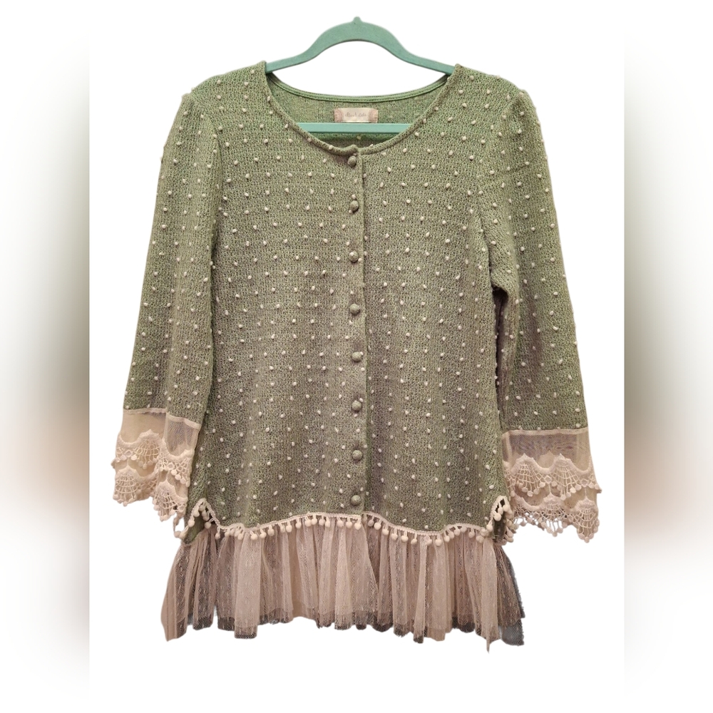 "Alter'd State" Sz. L Stylish Green Cardigan with Fabric & lace Details. Good...